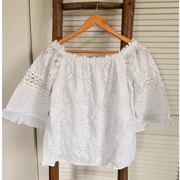 Lilly Pulitzer White Eyelet Lace Off The Shoulder Top Blouse Size S - Picture 2 of 5
